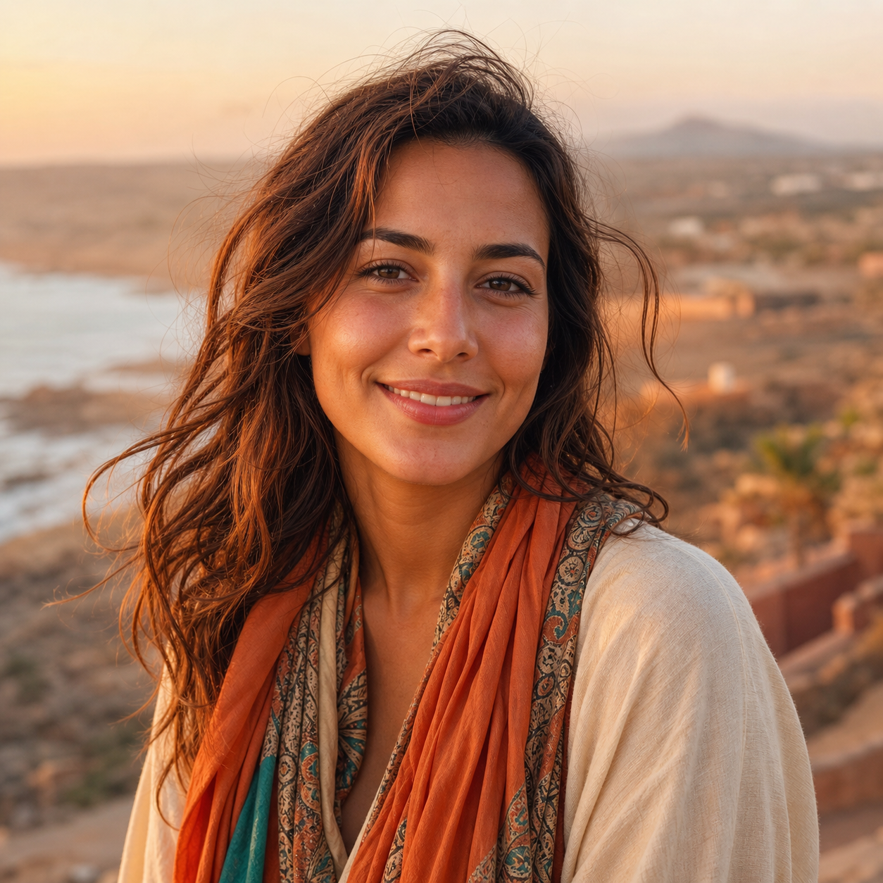 Camille sourit pendant une balade au coucher du soleil