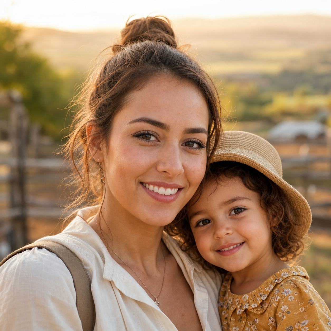 Nadia avec son enfant pendant une sortie à la ferme