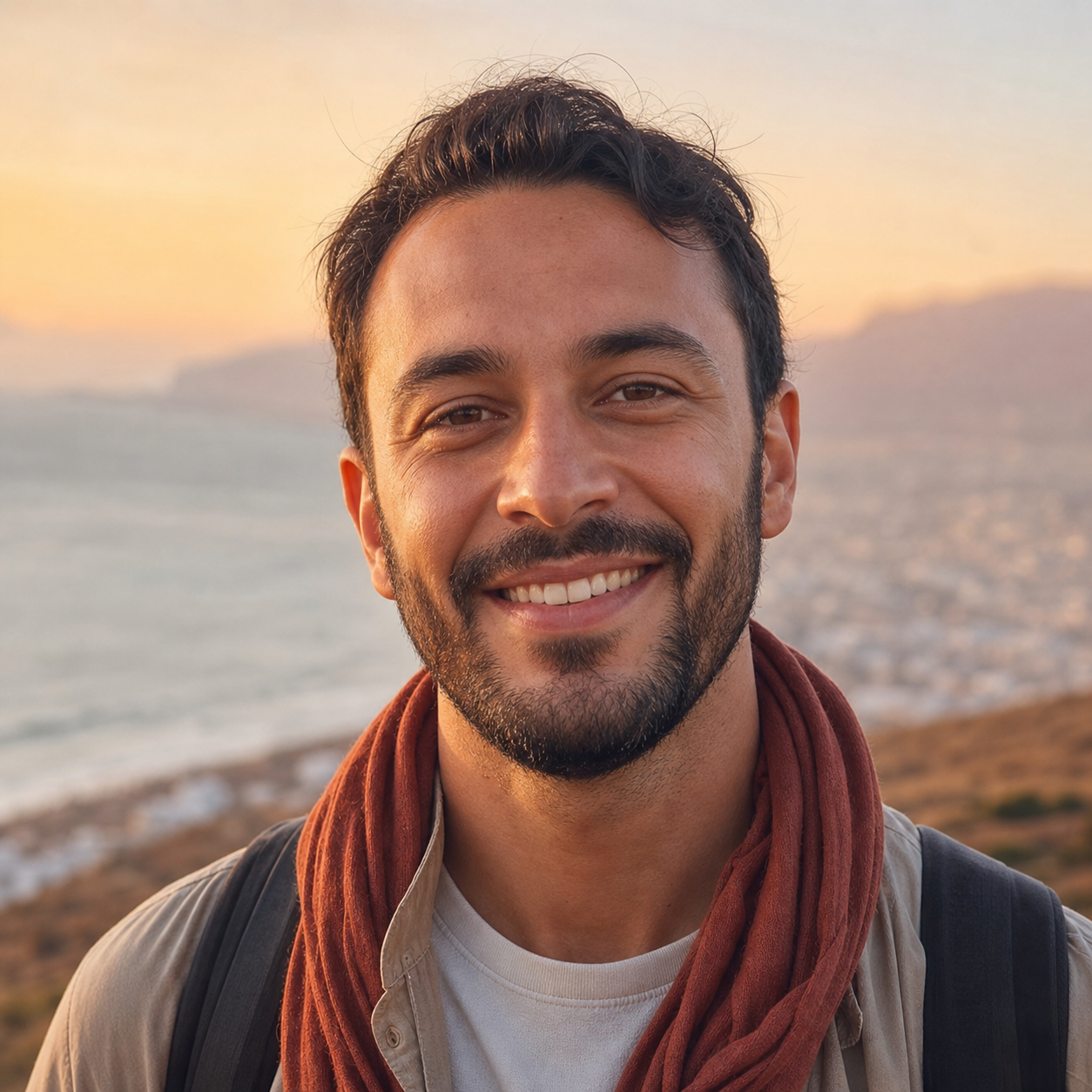 Yassine sourit avec la mer au loin